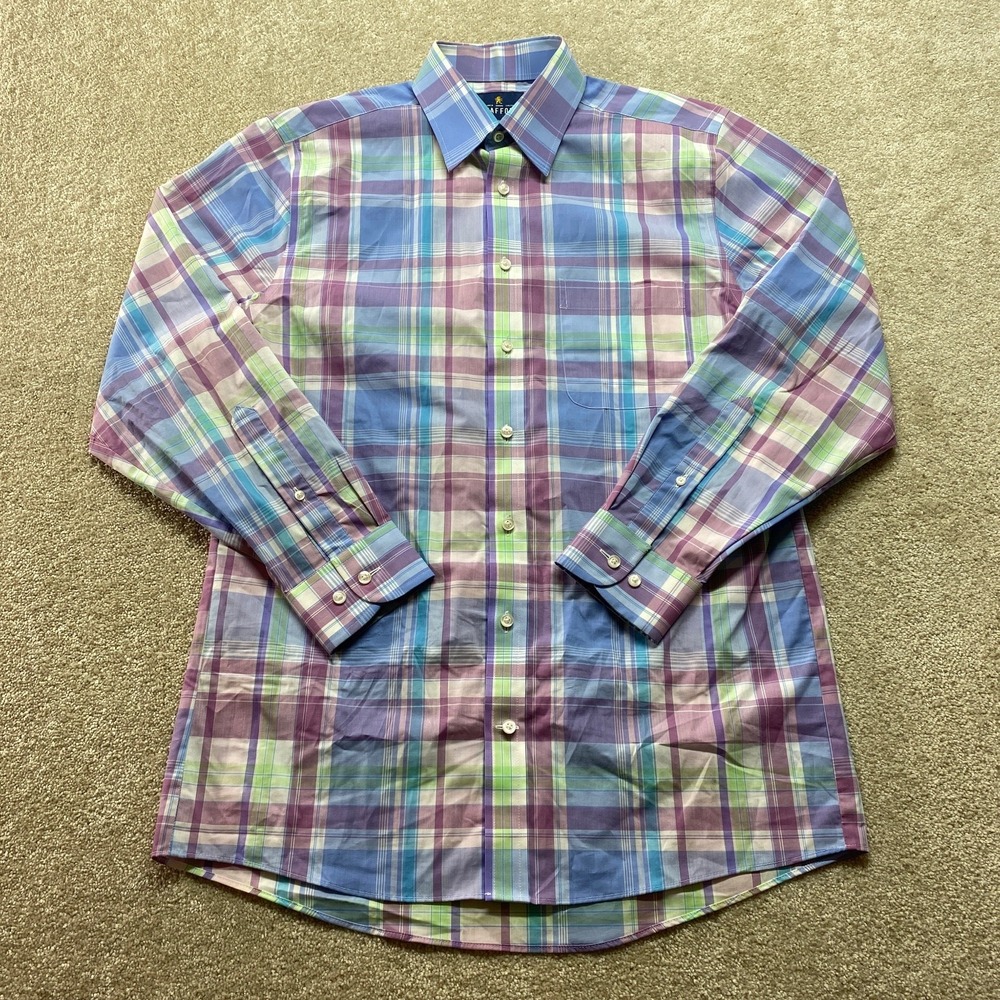 Stafford Men's Dress Shirt Purple Blue Plaid 15 32-33 Cotton Blend‎